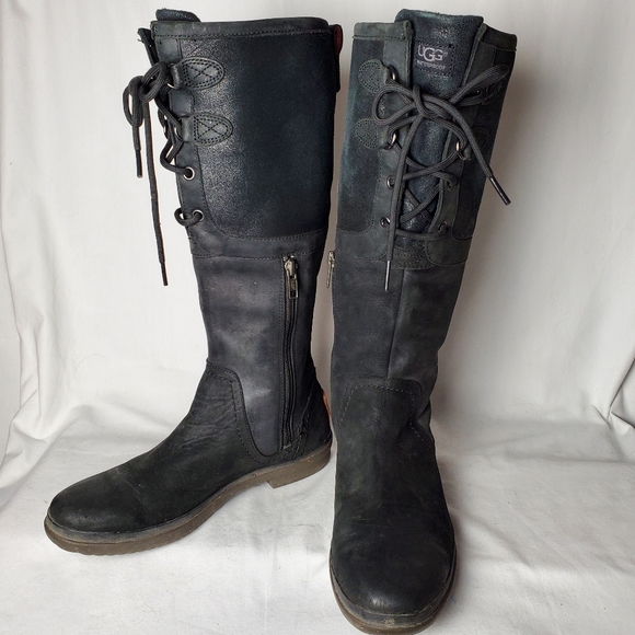 Ugg Elsa Black Knee High Leather Boots Size 8 - Picture 2 of 16